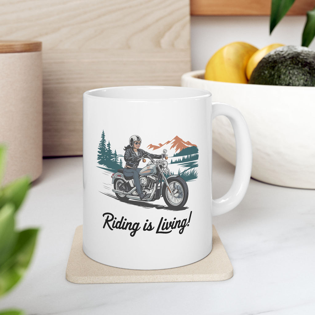 Riding is Living, Woman Motorcycle Rider Coffee Cup