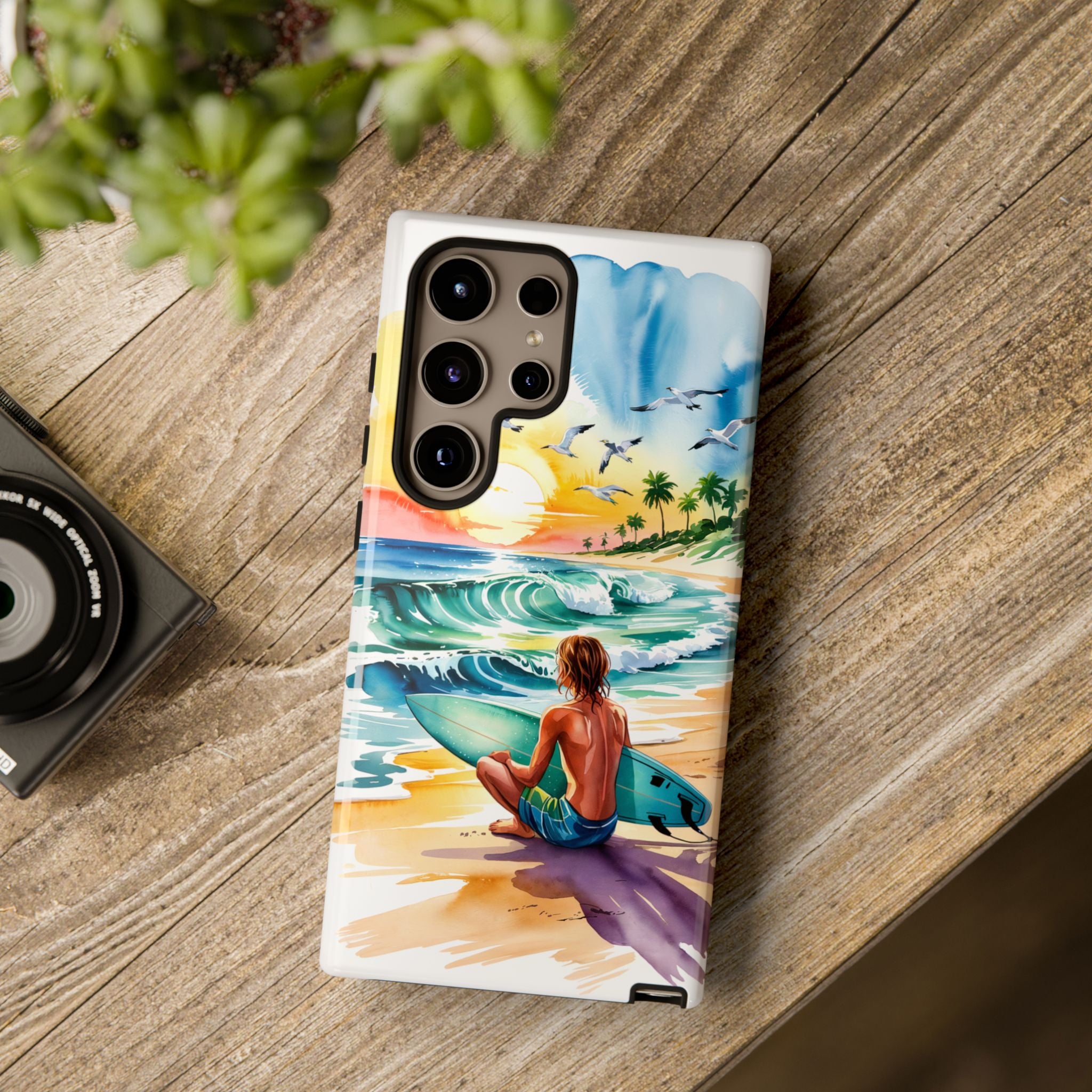 Surfing Beach Phone Case with Colorful Ocean Waves Design