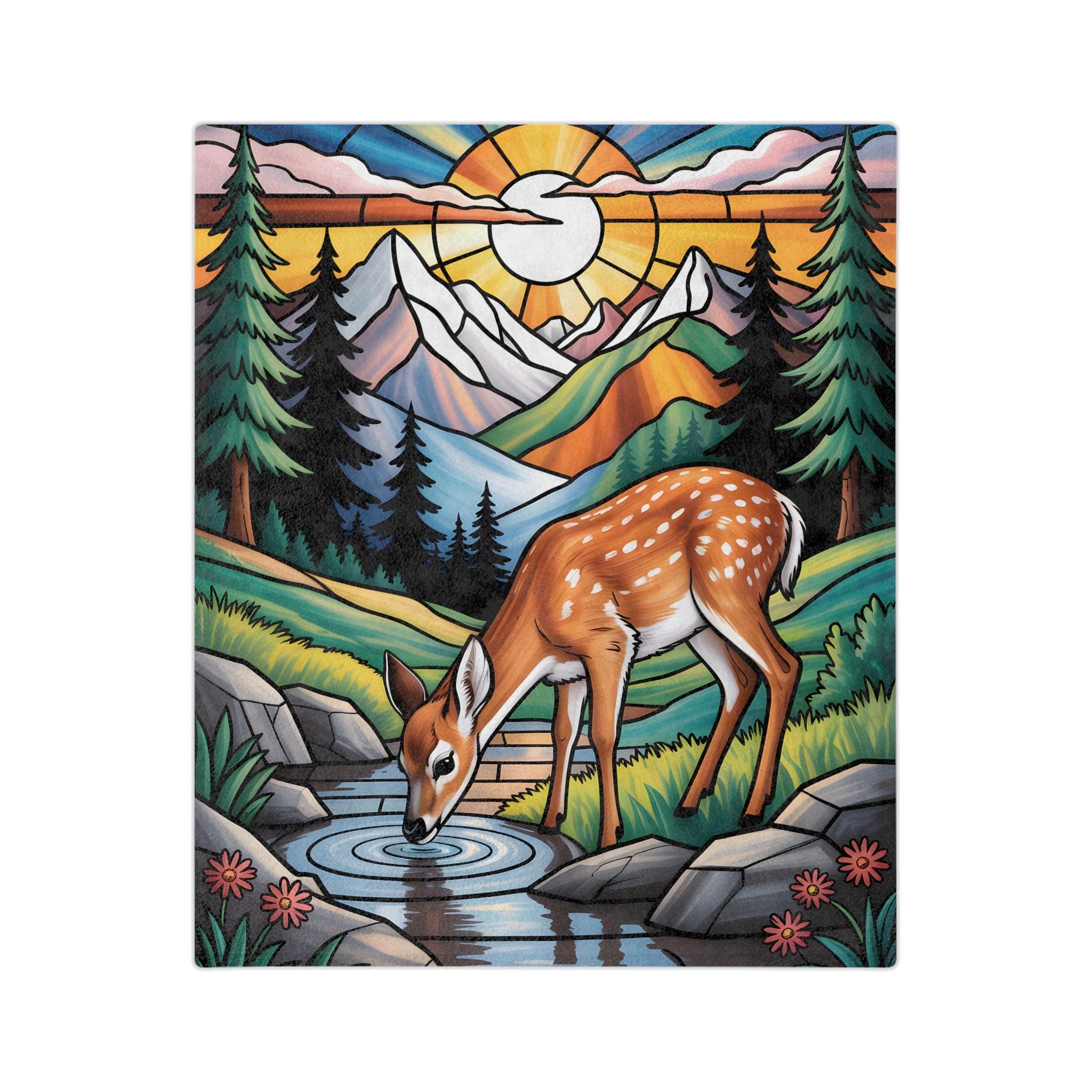 Deer Drinking from a Mountain Stream Stained Glass Blanket