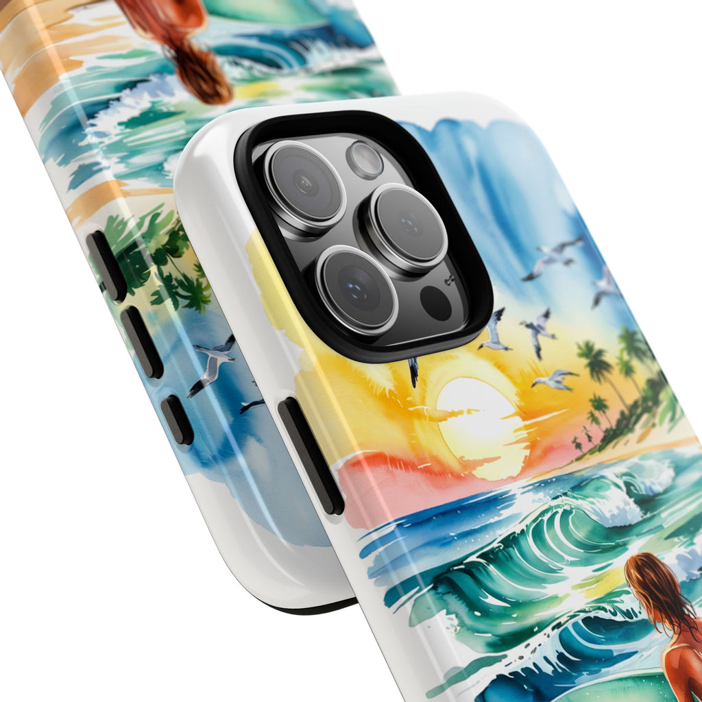 Surfing Beach Phone Case with Colorful Ocean Waves Design