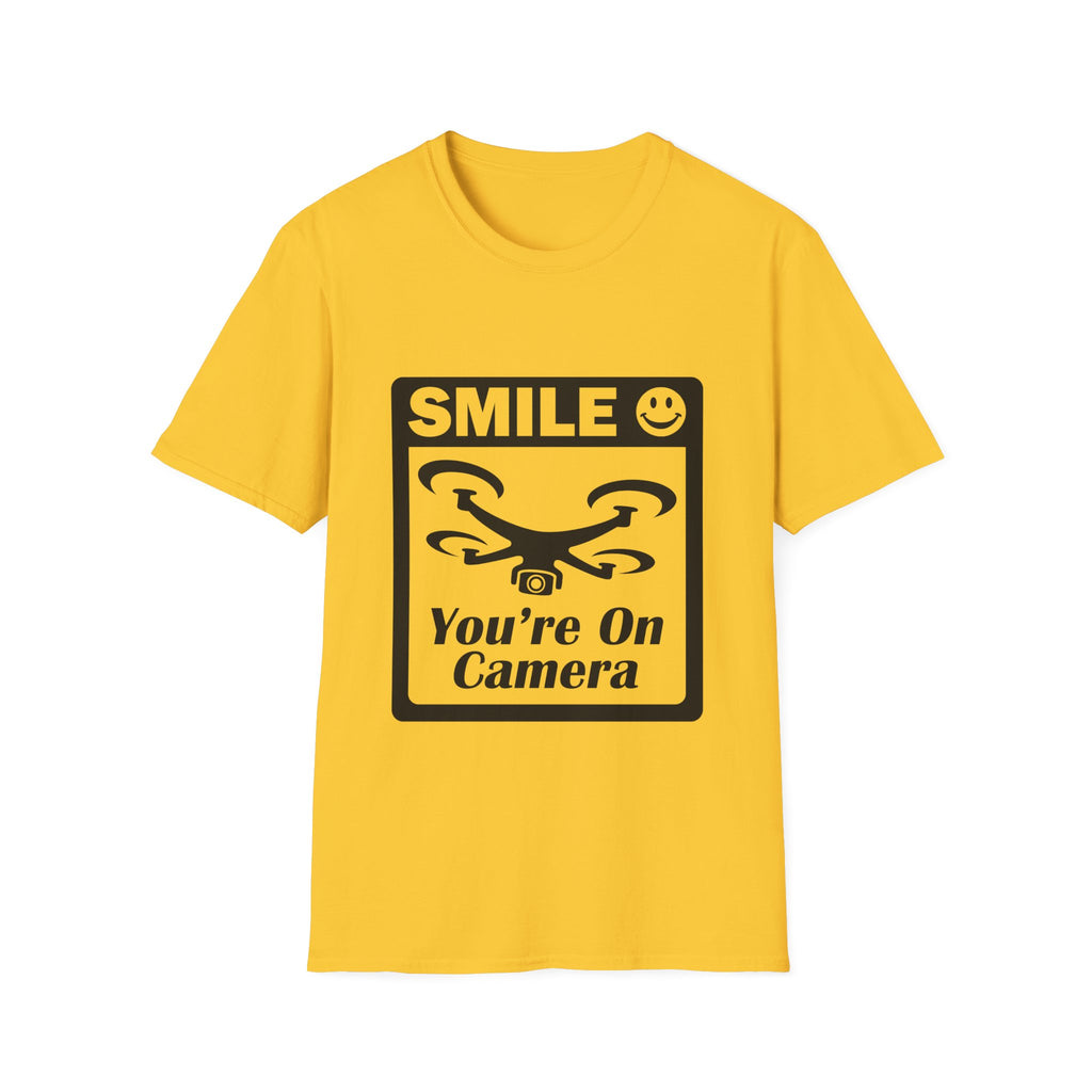Smile You're On Camera Unisex Softstyle T-Shirt, Cute Drone Tee, Humorous Quadcopter Shirt, Great Gift for Drone Lovers