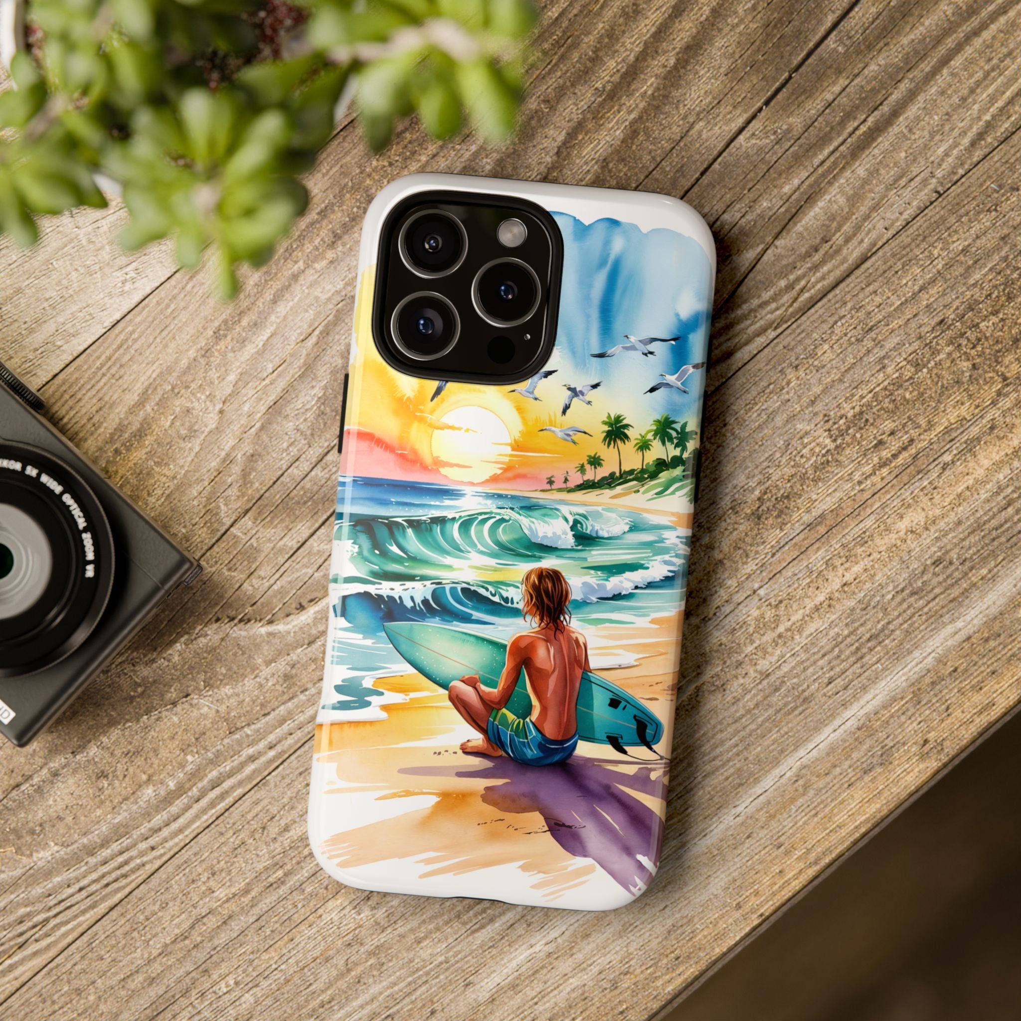 Surfing Beach Phone Case with Colorful Ocean Waves Design