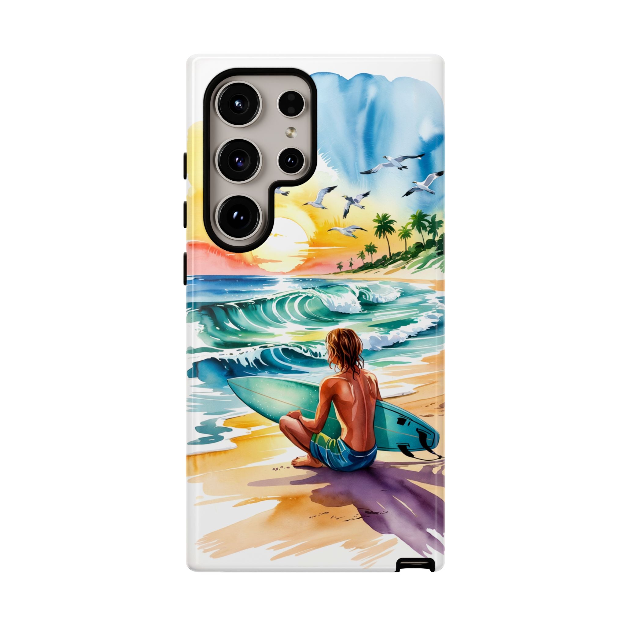 Surfing Beach Phone Case with Colorful Ocean Waves Design