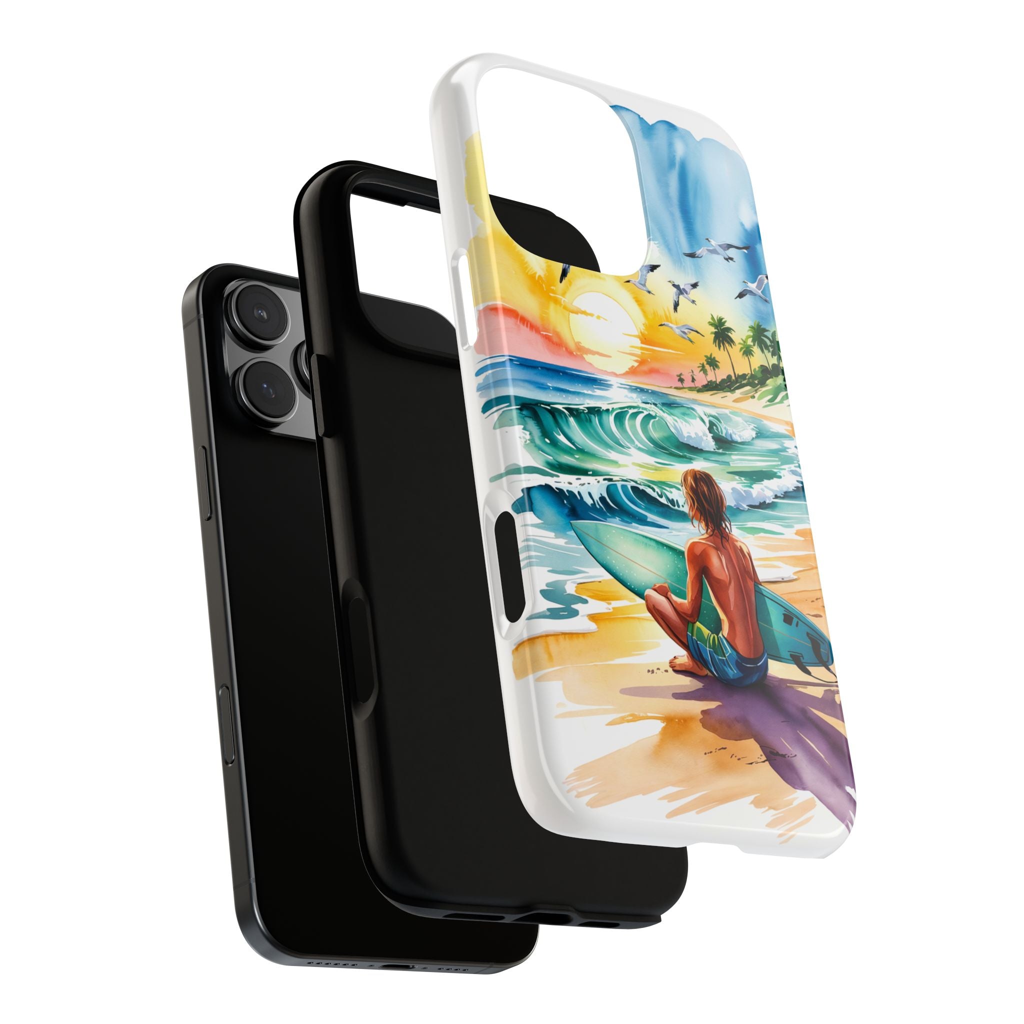 Surfing Beach Phone Case with Colorful Ocean Waves Design