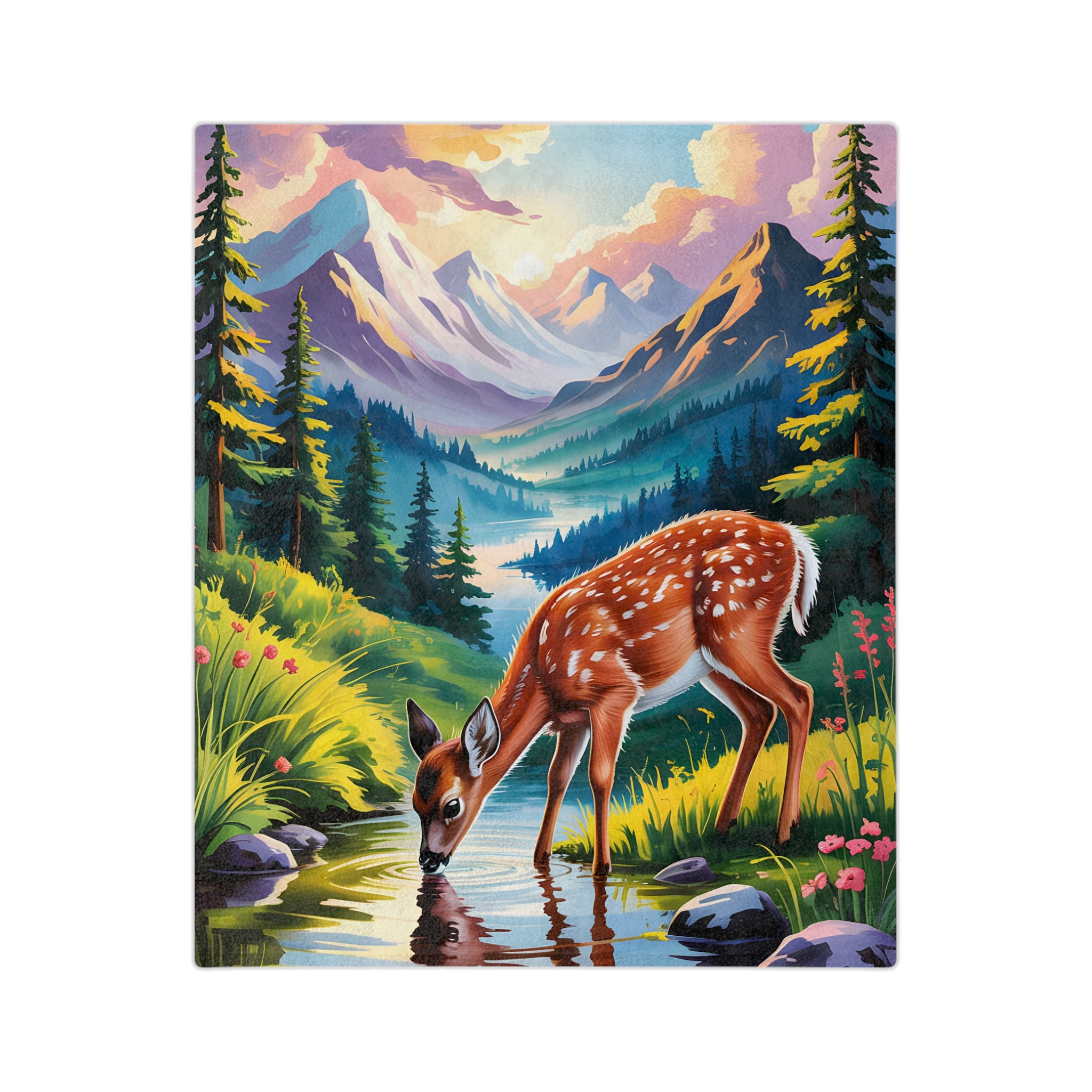 Deer Drinking Water From A Mountain Forest Stream Blanket
