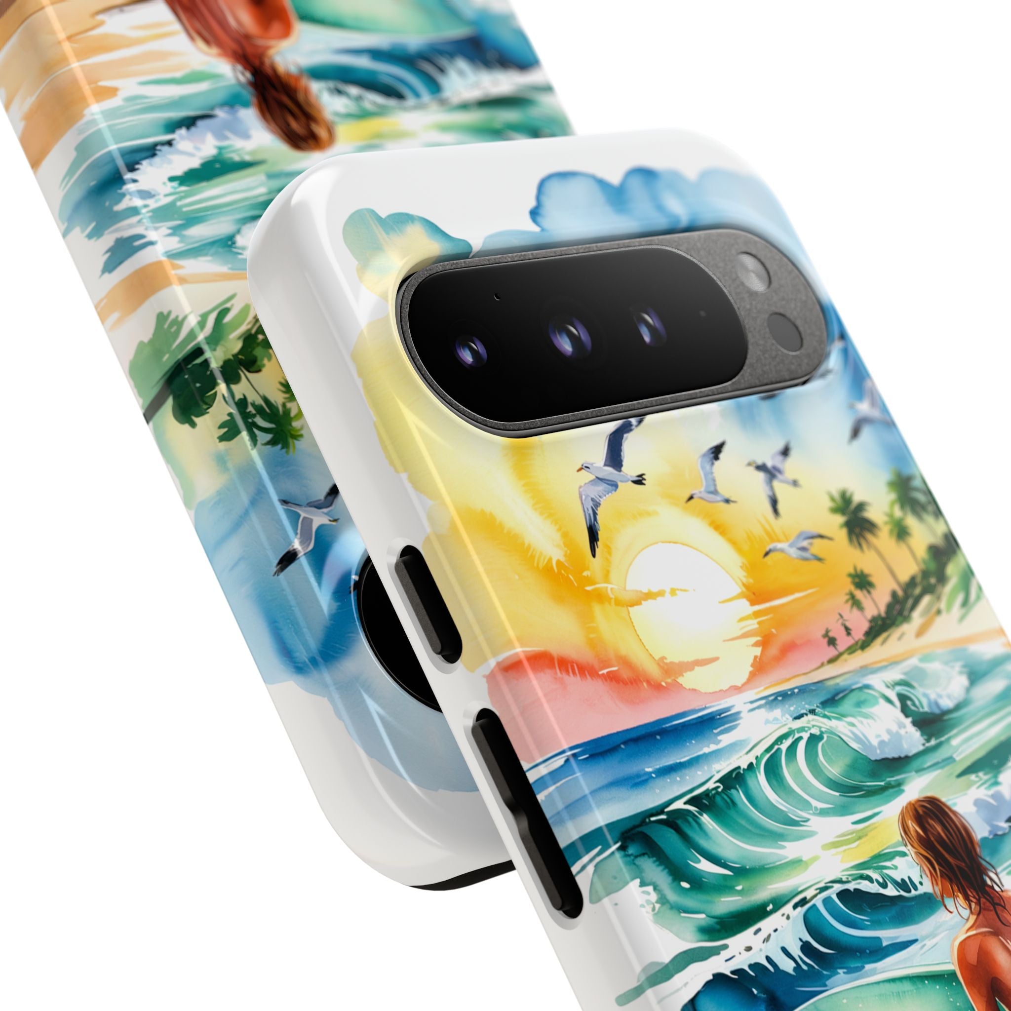 Surfing Beach Phone Case with Colorful Ocean Waves Design