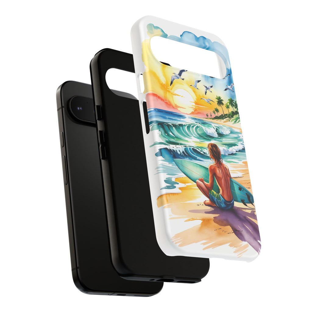 Surfing Beach Phone Case with Colorful Ocean Waves Design