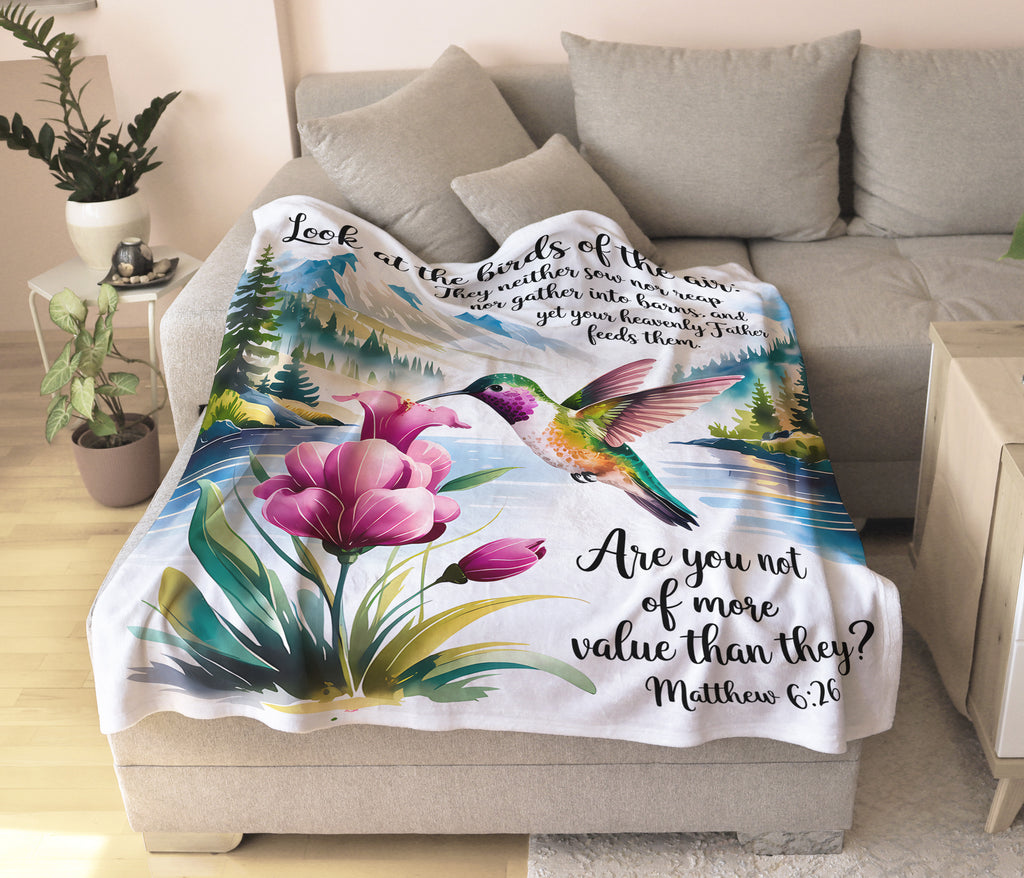 Hummingbird Blanket with Matthew 6:26 Bible Verse