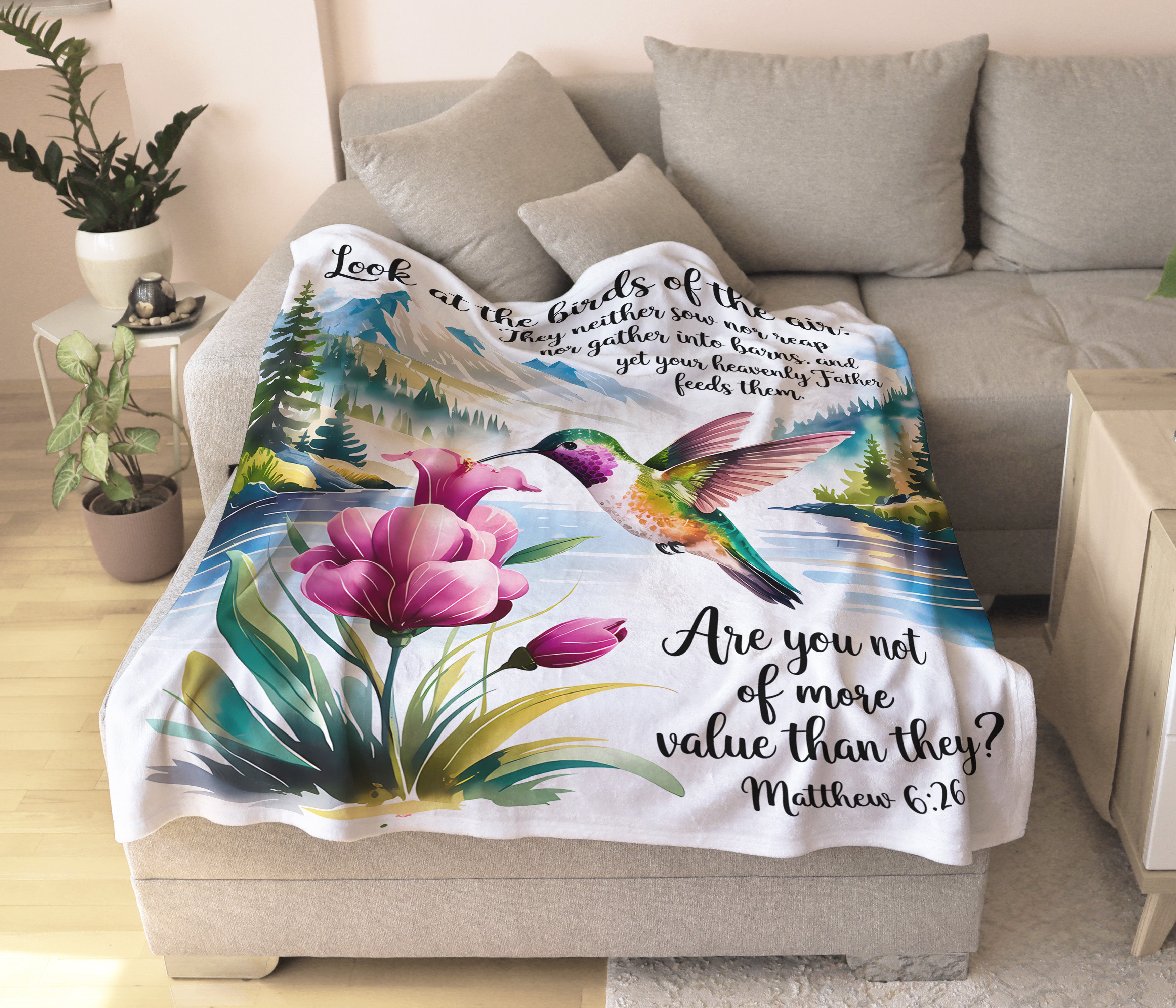 Hummingbird Blanket with Matthew 6:26 Bible Verse