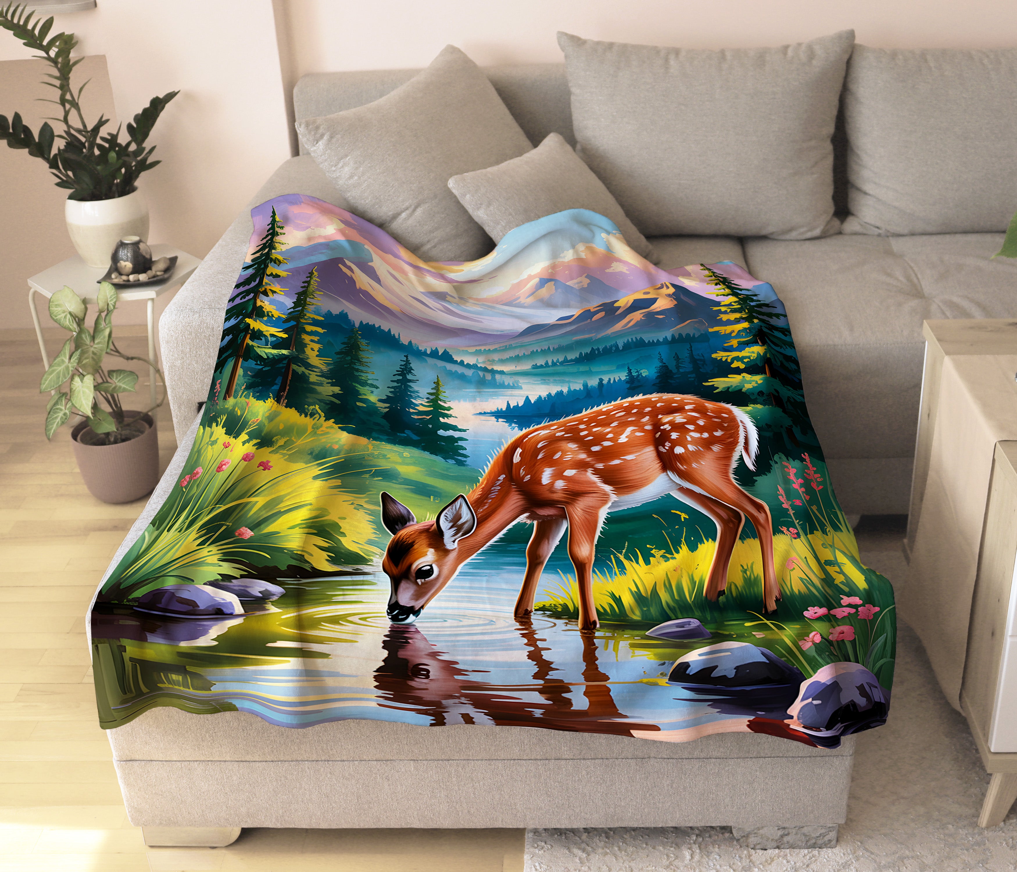 Deer Drinking Water From A Mountain Forest Stream Blanket