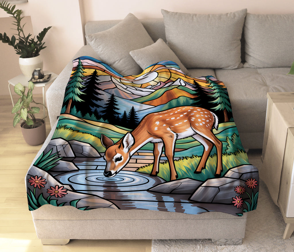Deer Drinking from a Mountain Stream Stained Glass Blanket