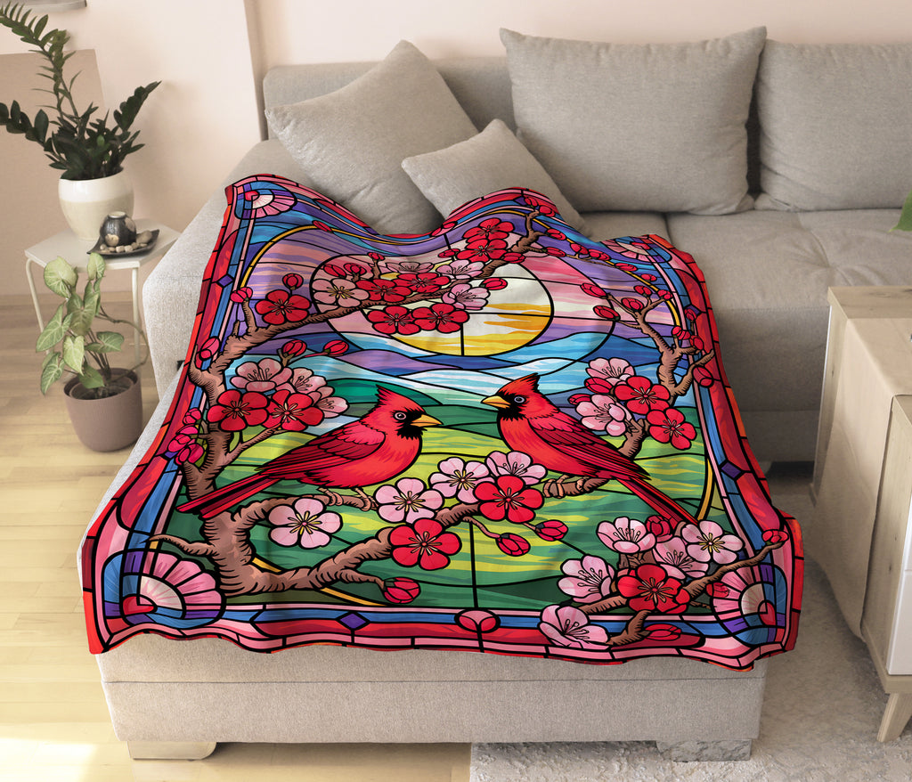 Stained-Glass Cardinal Red Bird Microfiber Blanket