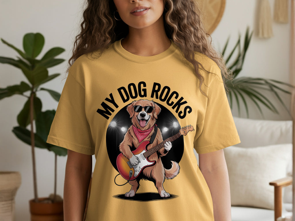 My Dog Rocks T-shirt, Golden Retriever Playing Guitar Tee