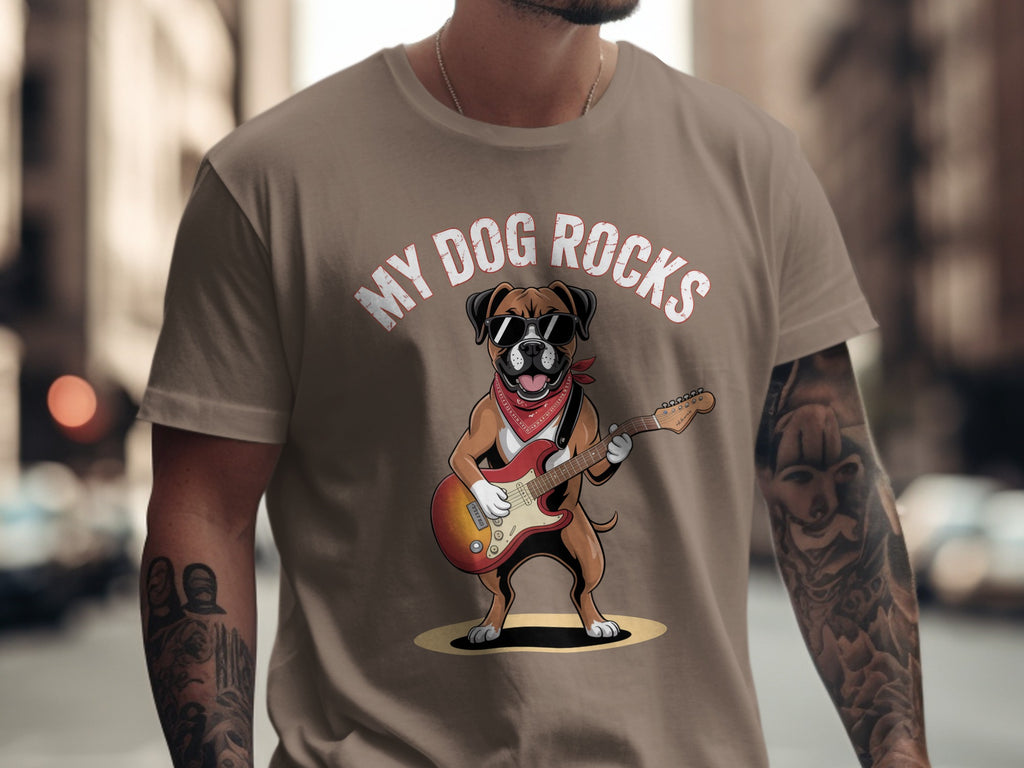 My Dog Rocks T-Shirt, Boxer Guitarist Graphic Tee
