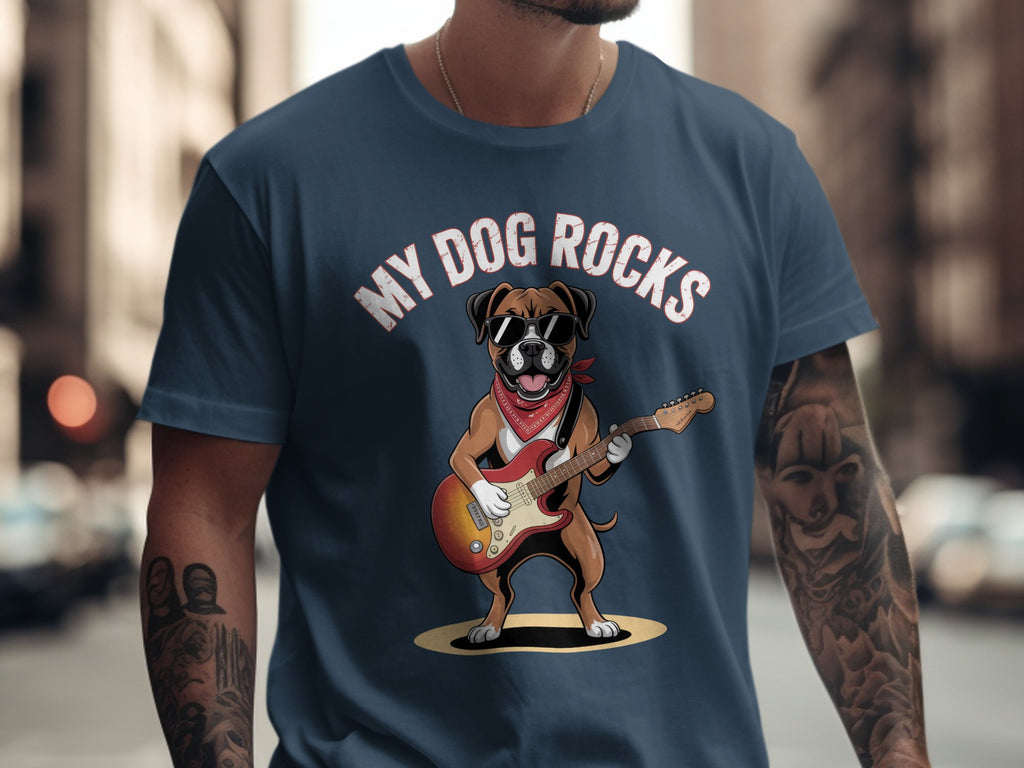 My Dog Rocks T-Shirt, Boxer Guitarist Graphic Tee