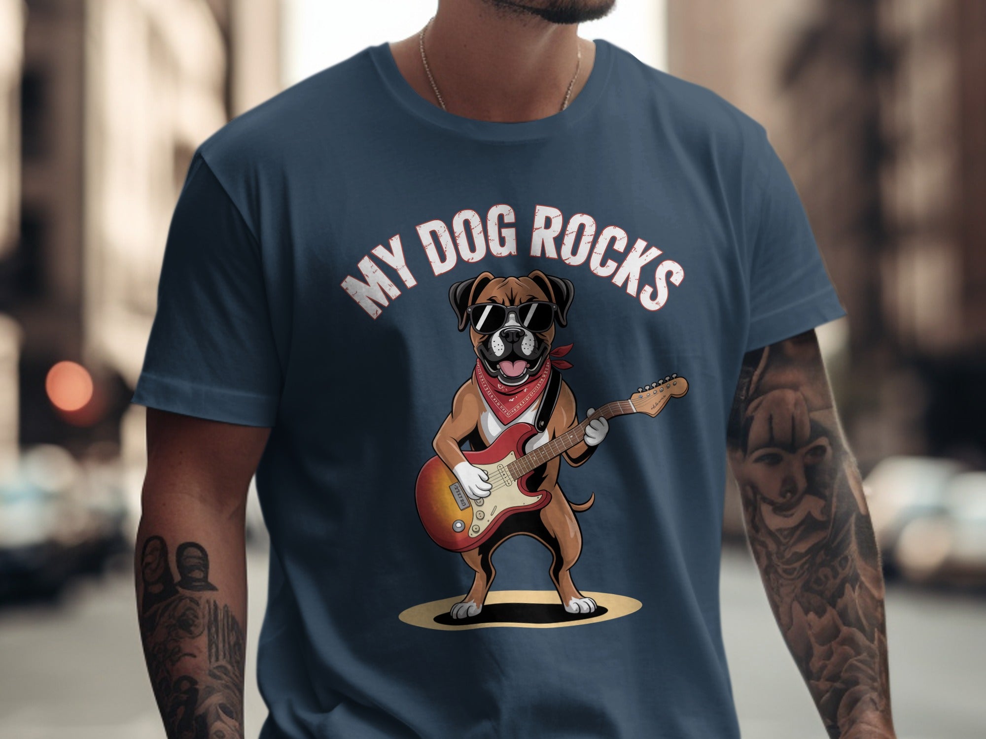 My Dog Rocks T-Shirt, Boxer Guitarist Graphic Tee