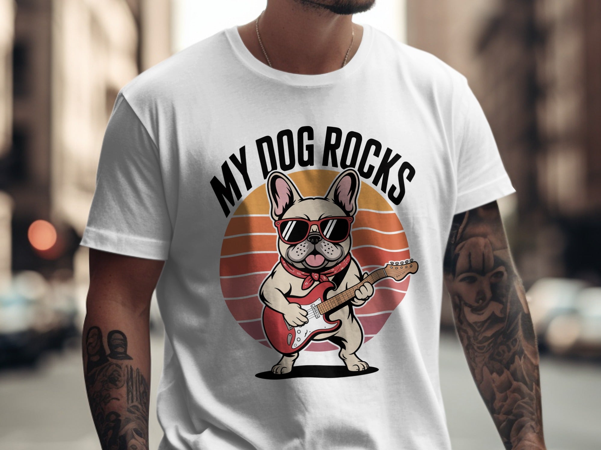 My Dog Rocks, French Bulldog Guitar T-Shirt