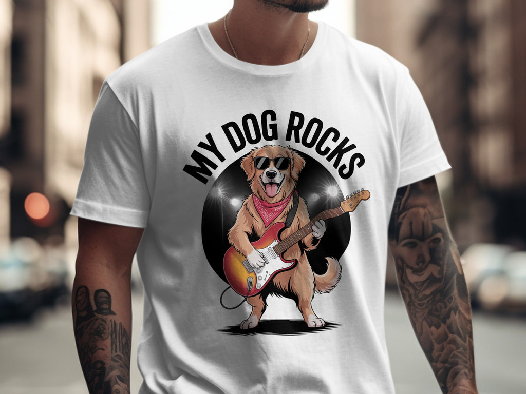 My Dog Rocks T-shirt, Golden Retriever Playing Guitar Tee
