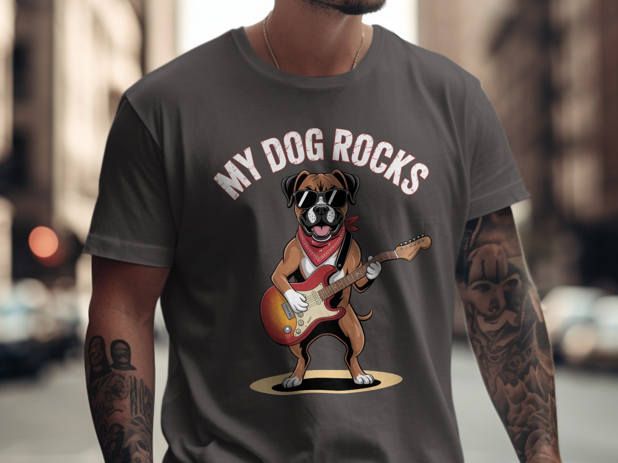 My Dog Rocks T-Shirt, Boxer Guitarist Graphic Tee
