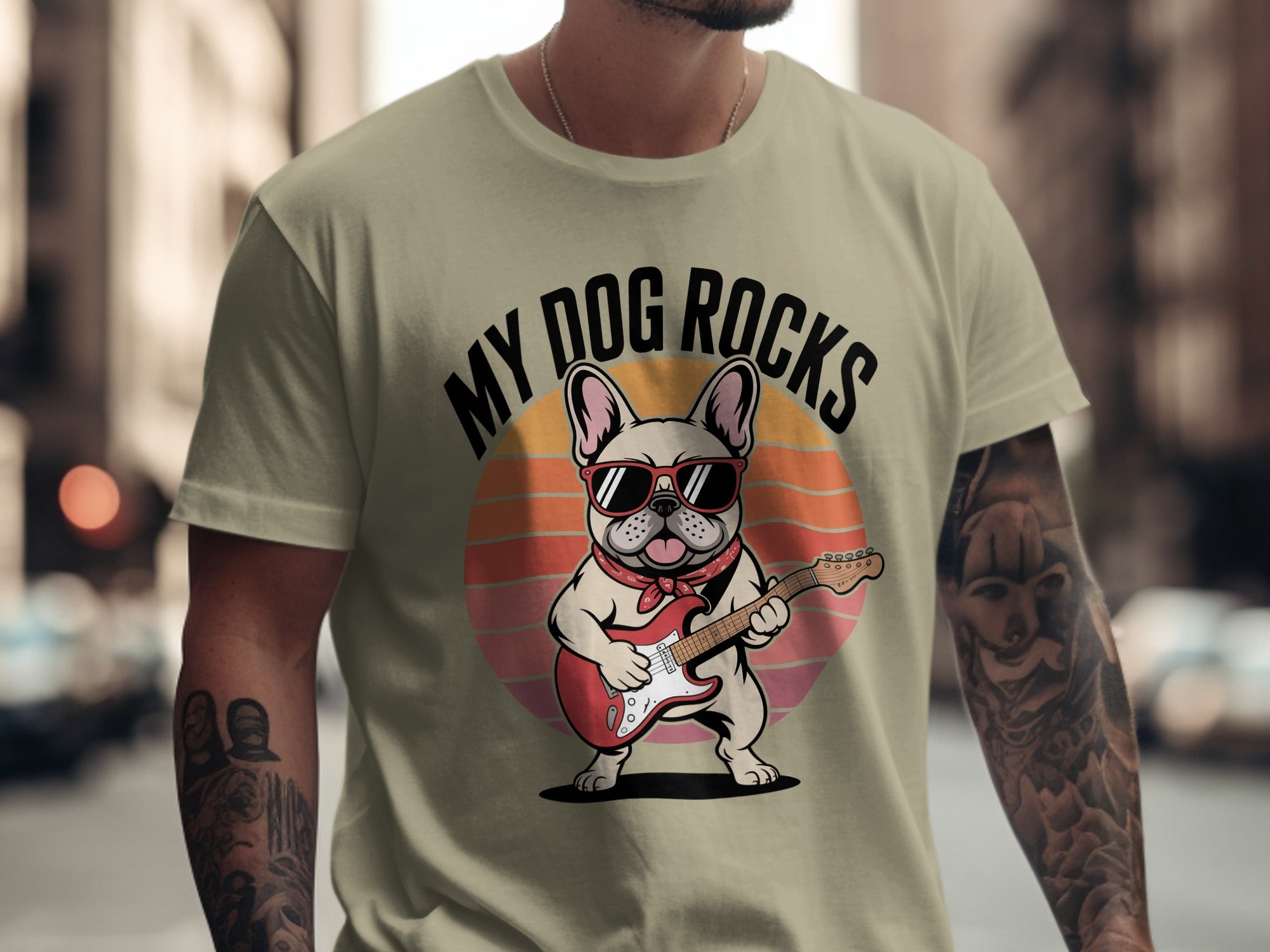 My Dog Rocks, French Bulldog Guitar T-Shirt