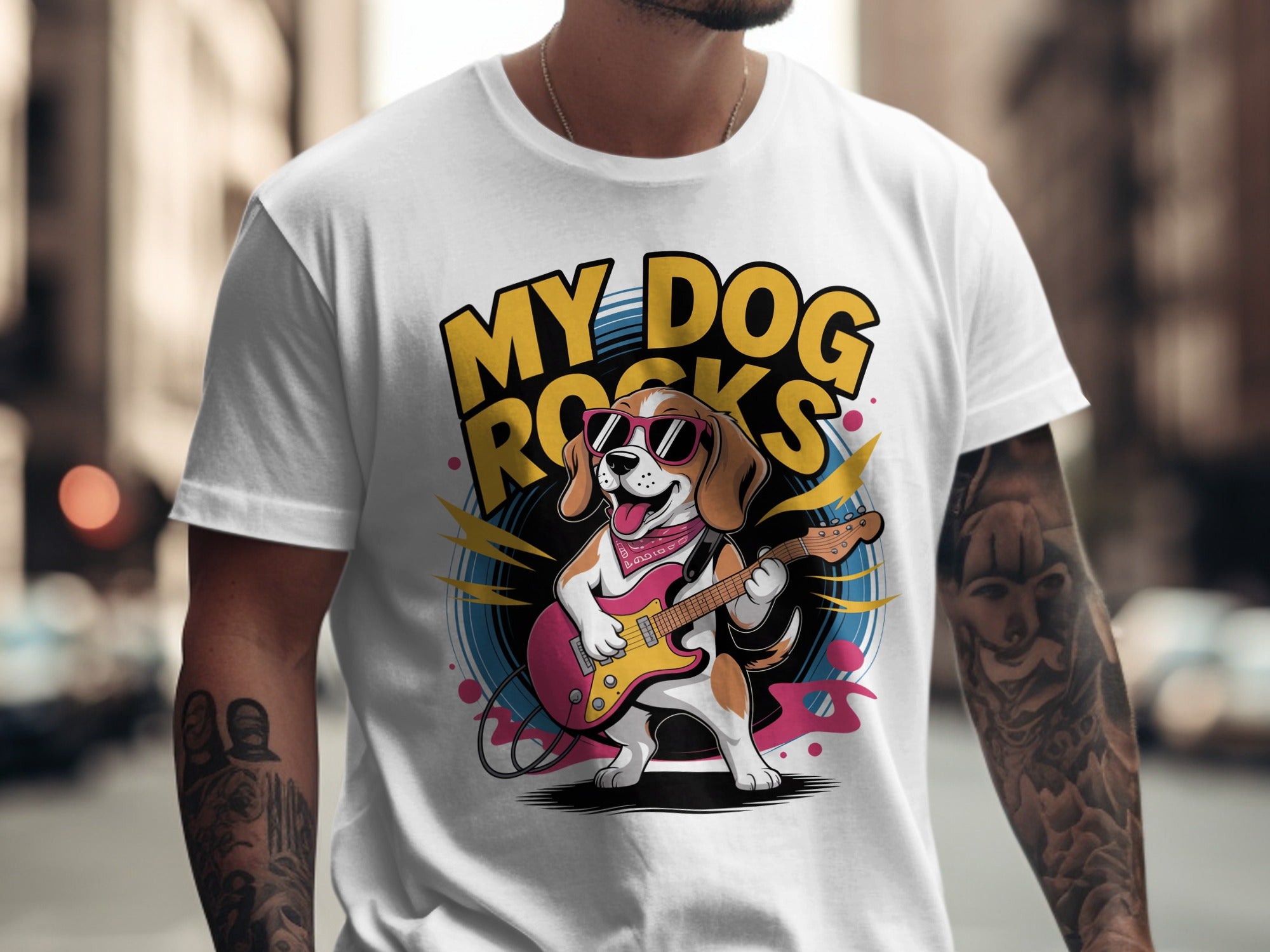 My Dog Rocks T-Shirt, Beagle Playing Guitar Tee