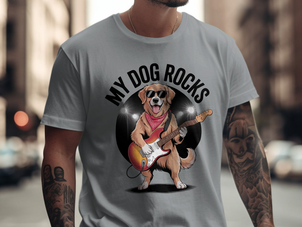 My Dog Rocks T-shirt, Golden Retriever Playing Guitar Tee