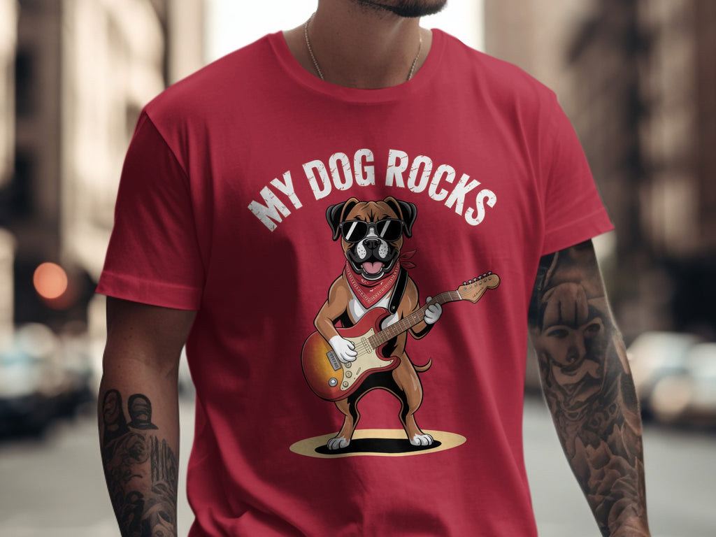 My Dog Rocks T-Shirt, Boxer Guitarist Graphic Tee