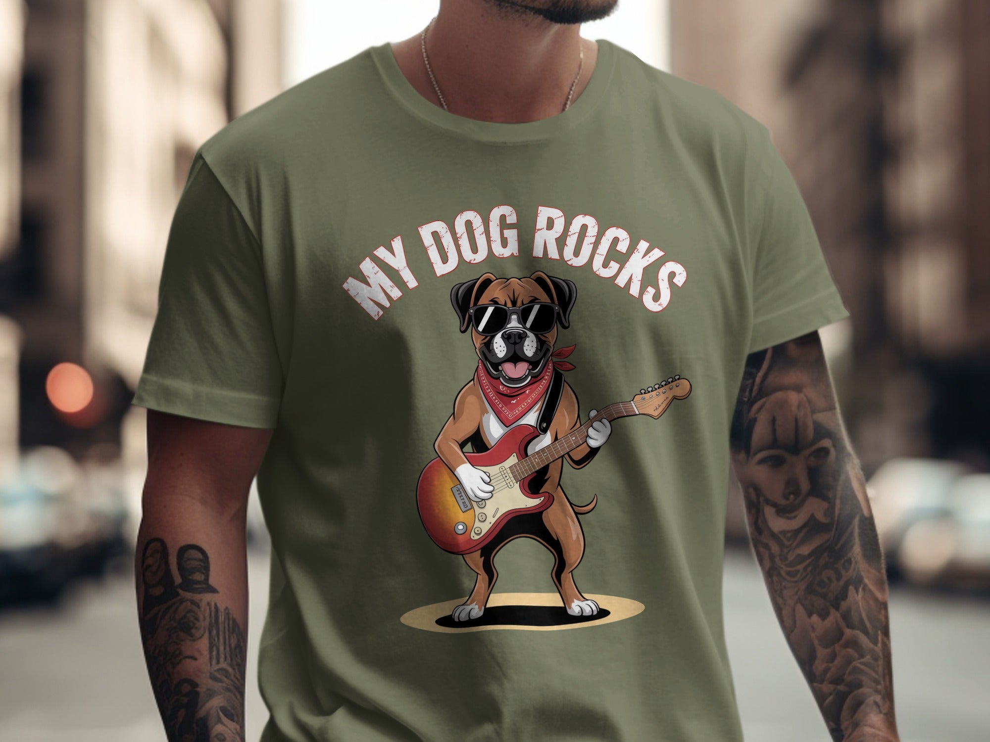 My Dog Rocks T-Shirt, Boxer Guitarist Graphic Tee