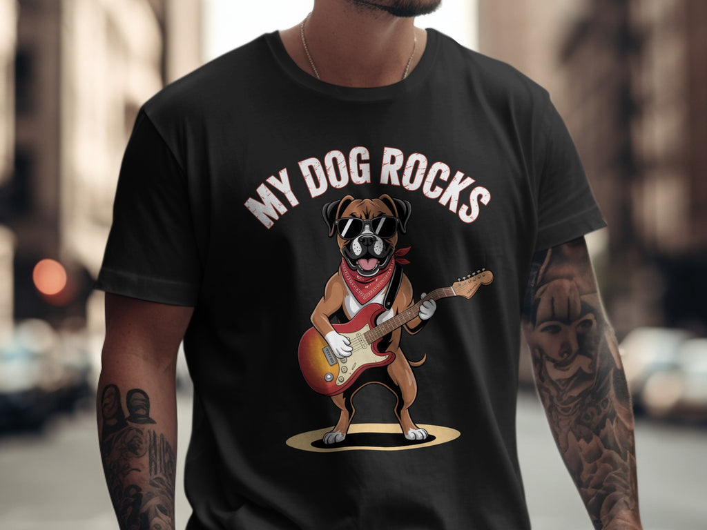 My Dog Rocks T-Shirt, Boxer Guitarist Graphic Tee