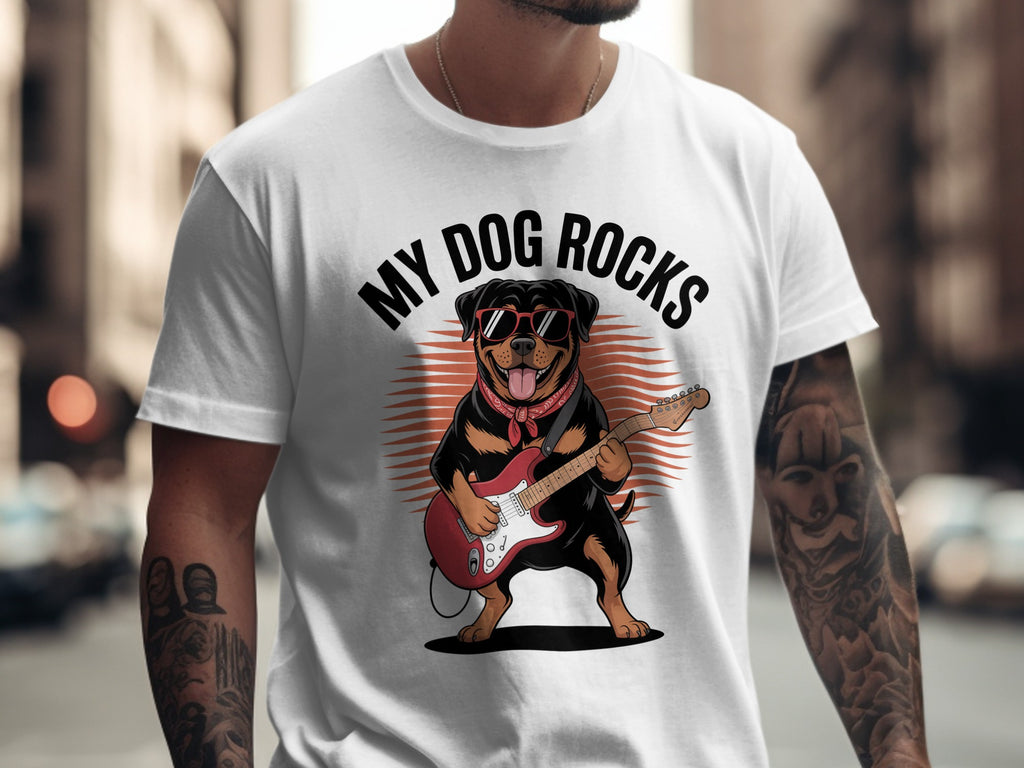 My Dog Rocks, Rottweiler Playing Electric Guitar T-shirt