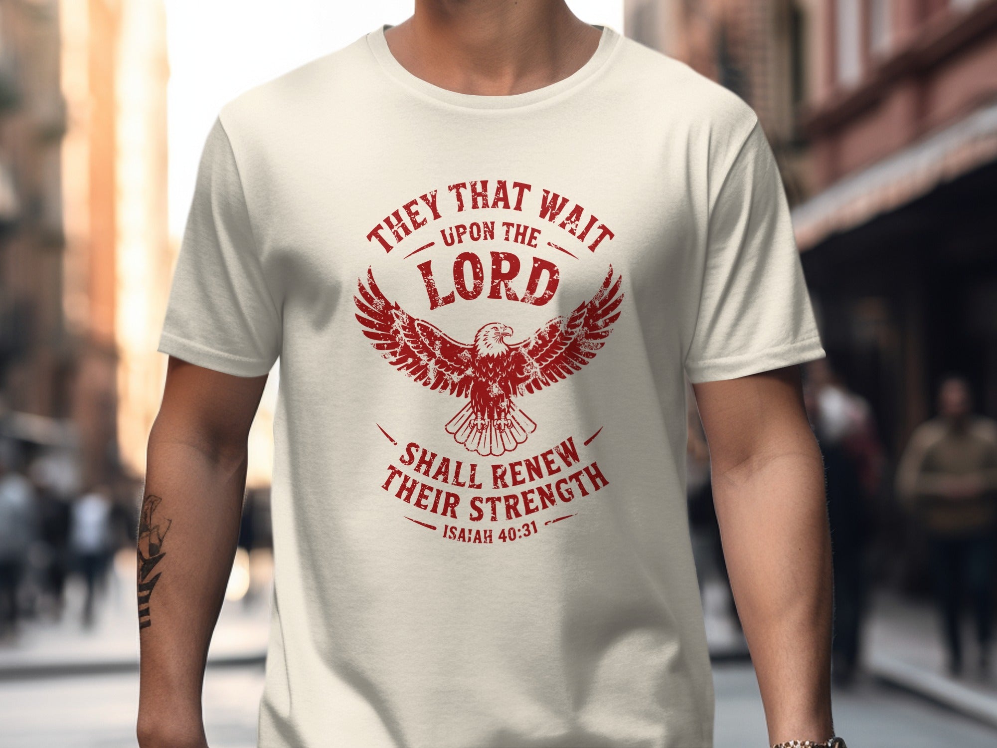 Isaiah 40:31 T-shirt, They That Wait Upon The LORD Shall Renew Their Strength, Red Ink