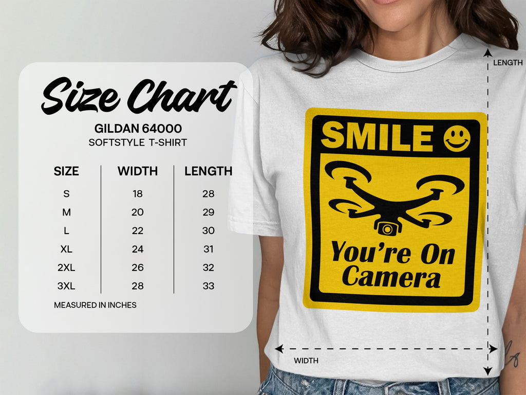 Smile You're On Camera Unisex Softstyle T-Shirt, Cute Drone Tee, Humorous Quadcopter Shirt, Great Gift for Drone Lovers