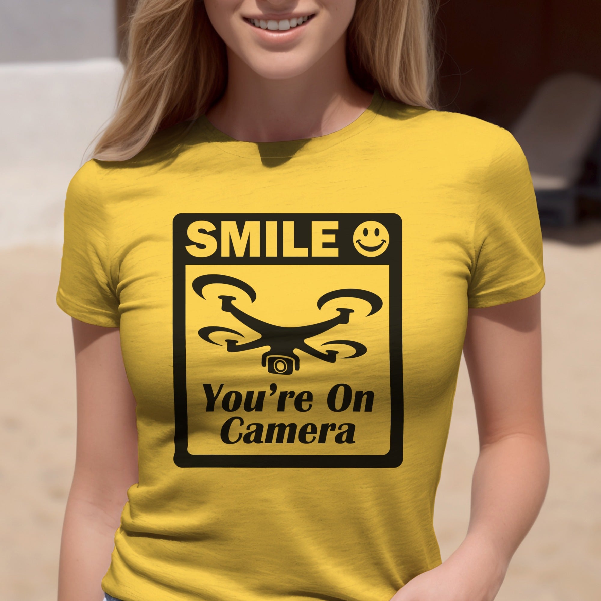 Smile You're On Camera Unisex Softstyle T-Shirt, Cute Drone Tee, Humorous Quadcopter Shirt, Great Gift for Drone Lovers