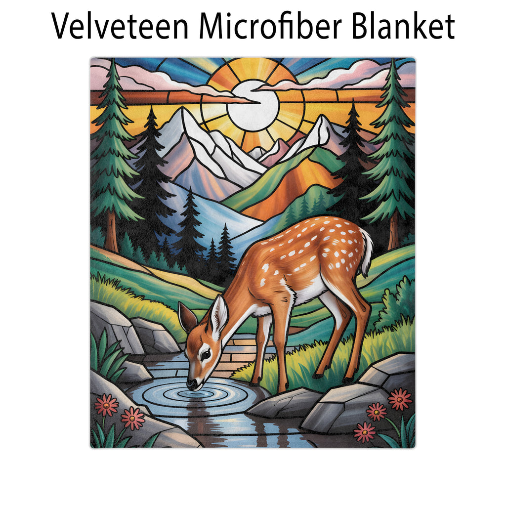 Deer Drinking from a Mountain Stream Stained Glass Blanket