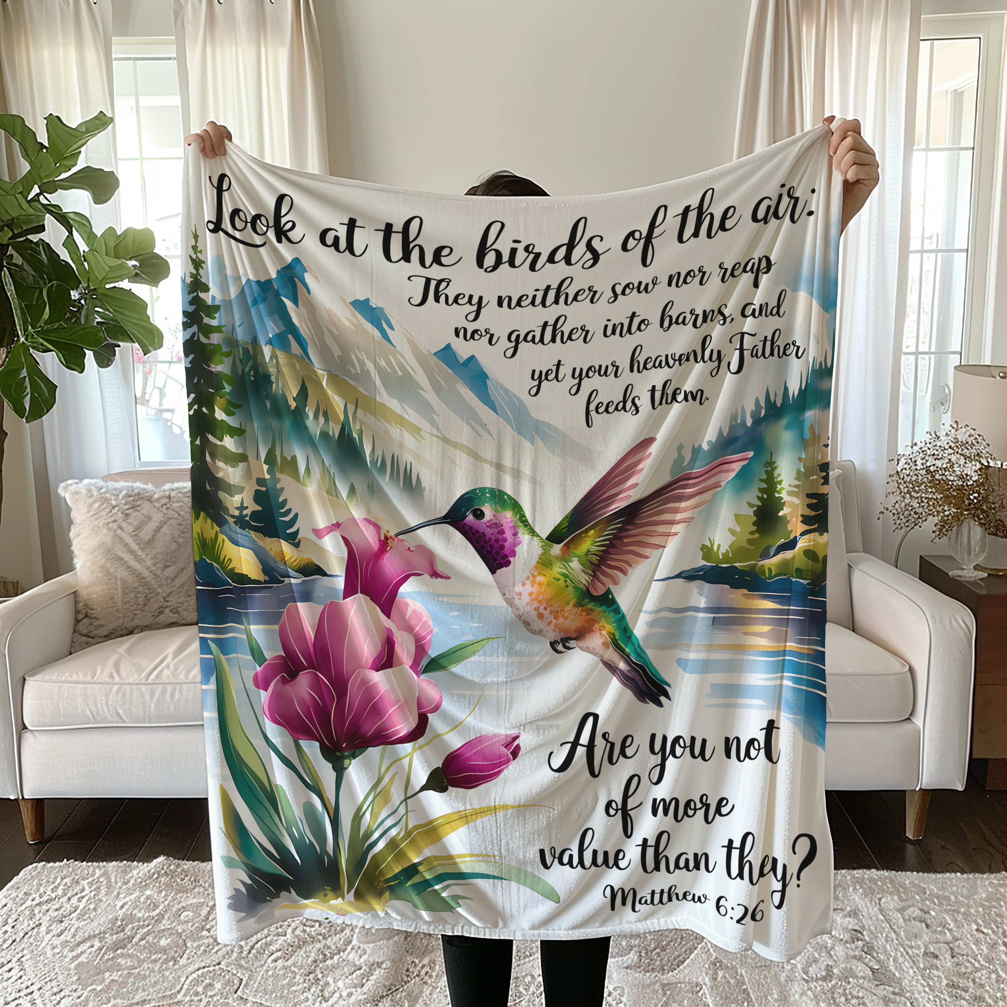 Hummingbird Blanket with Matthew 6:26 Bible Verse