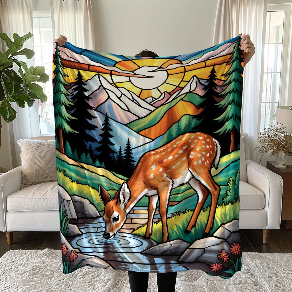 Deer Drinking from a Mountain Stream Stained Glass Blanket