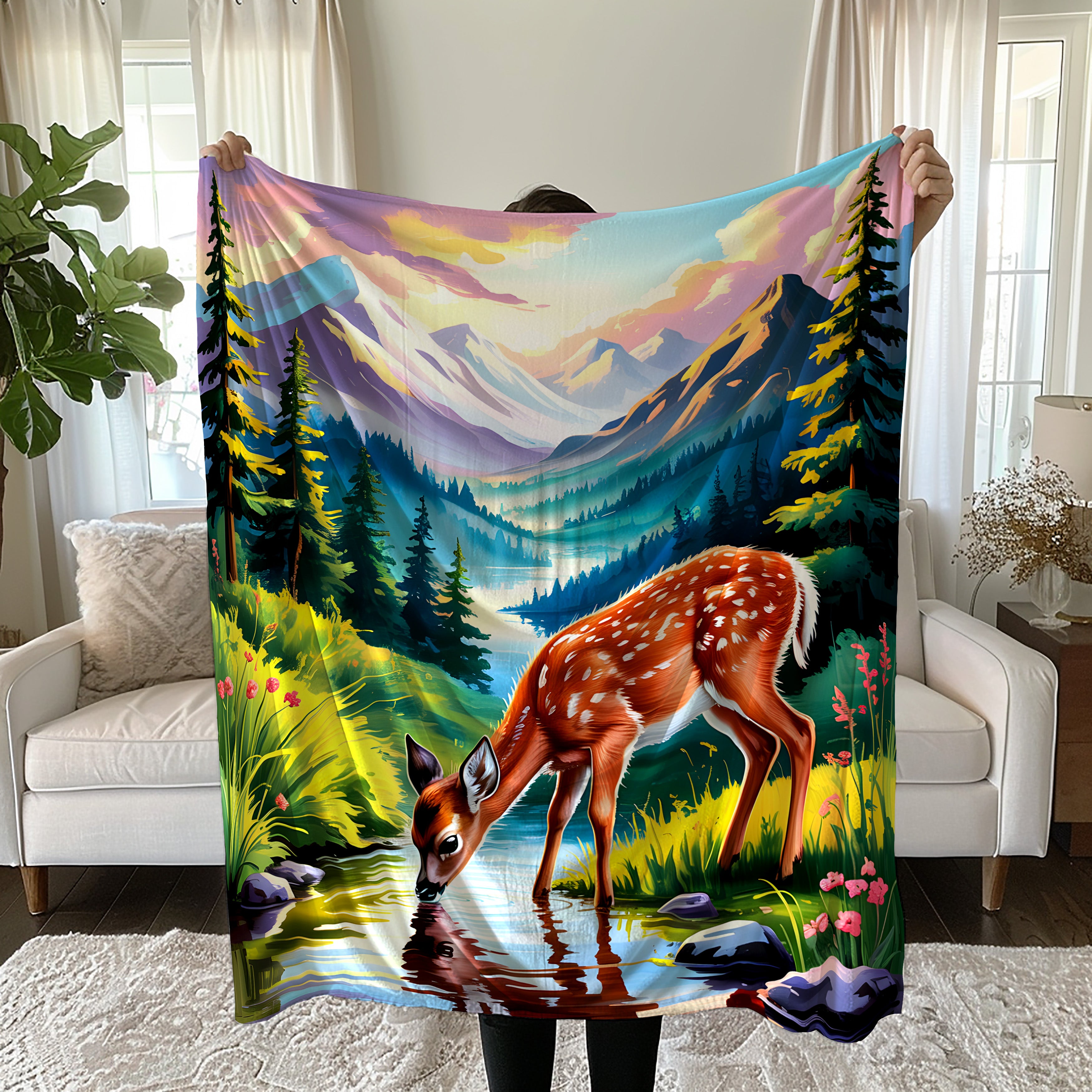 Deer Drinking Water From A Mountain Forest Stream Blanket